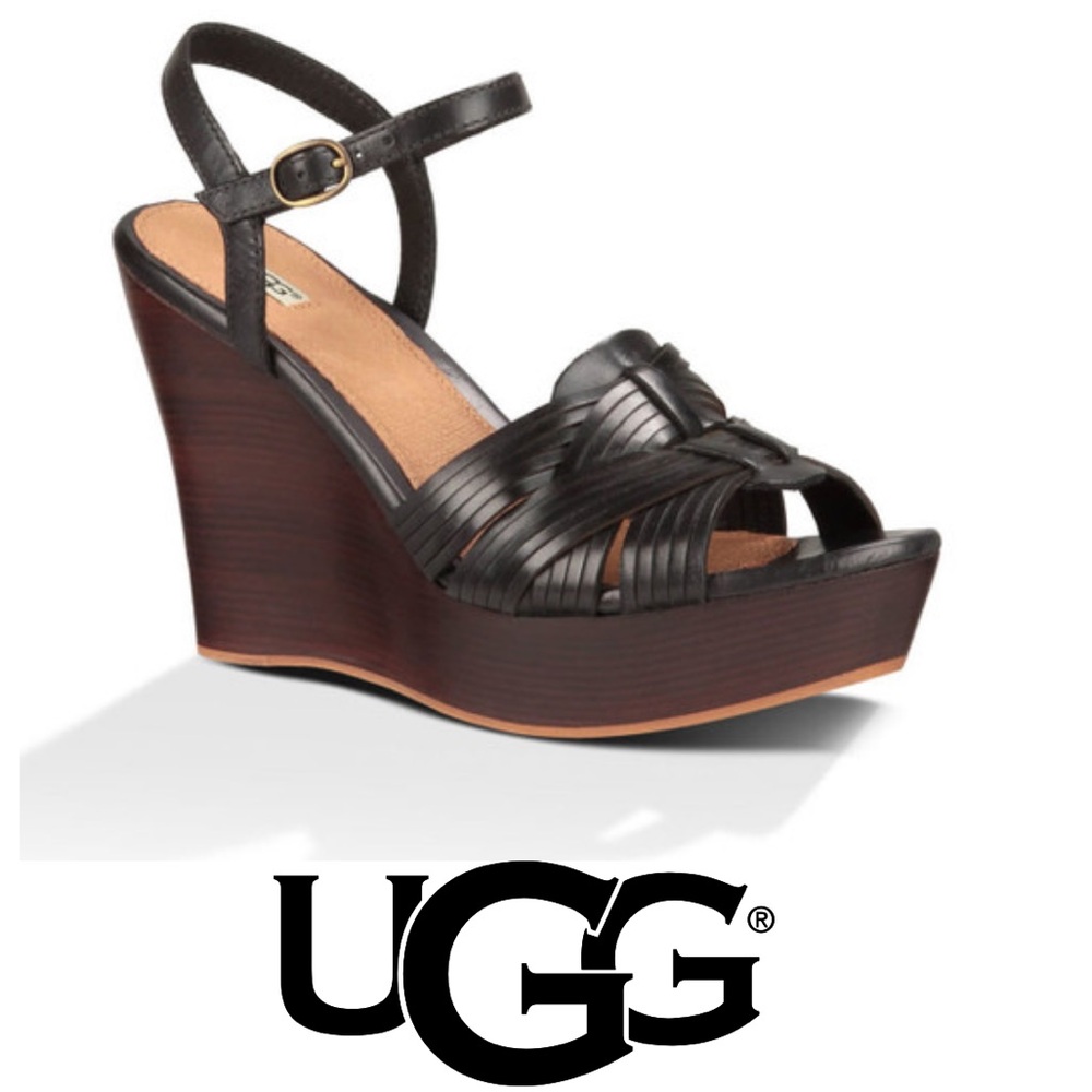 UGG Black Leather Wedge Sandals with Brown Wood-Effect Platform